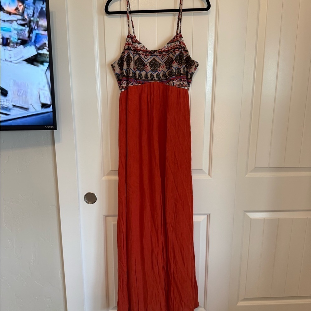 Orange maxi dress with embroidered bodice detail - boho chic women's XL